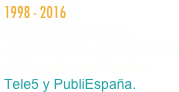 1998 - 2016
Musical composition,  arrangements and recording of Tv spots and Promos.
Tele5 y PubliEspaña.